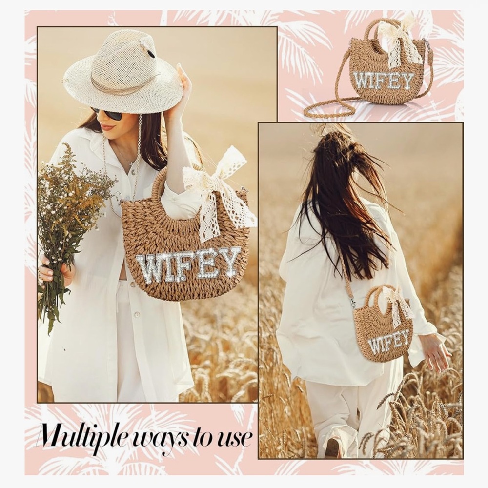 Straw Wifey Bag with Lace Bow - Picture 2 of 5